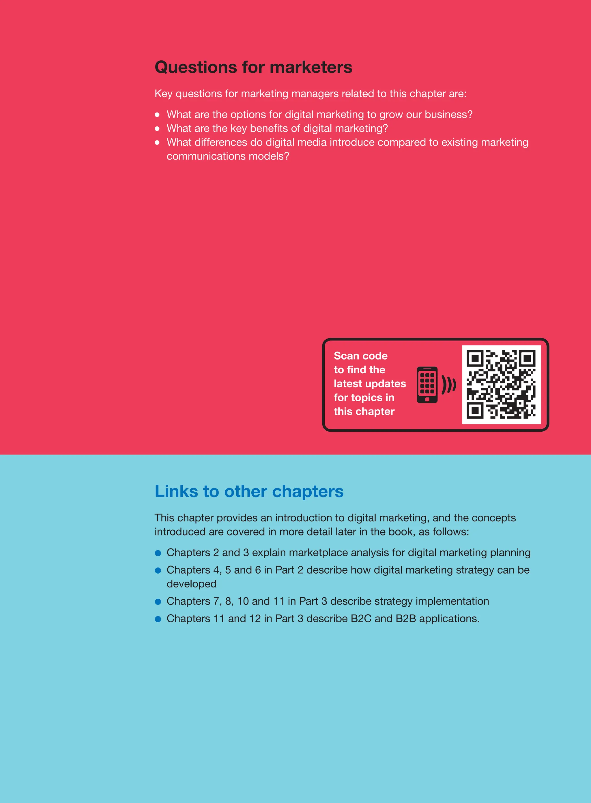 Scan code
to find the
latest updates
for topics in
this chapter
Links to other chapters
This chapter provides an introduction to digital marketing, and the concepts
­
introduced are covered in more detail later in the book, as follows:
●
● Chapters 2 and 3 explain marketplace analysis for digital marketing planning
●
● Chapters 4, 5 and 6 in Part 2 describe how digital marketing strategy can be
developed
●
● Chapters 7, 8, 10 and 11 in Part 3 describe strategy implementation
●
● Chapters 11 and 12 in Part 3 describe B2C and B2B applications.
Questions for marketers
Key questions for marketing managers related to this chapter are:
●
● What are the options for digital marketing to grow our business?
●
● What are the key benefits of digital marketing?
●
● What differences do digital media introduce compared to existing marketing
communications models?
 