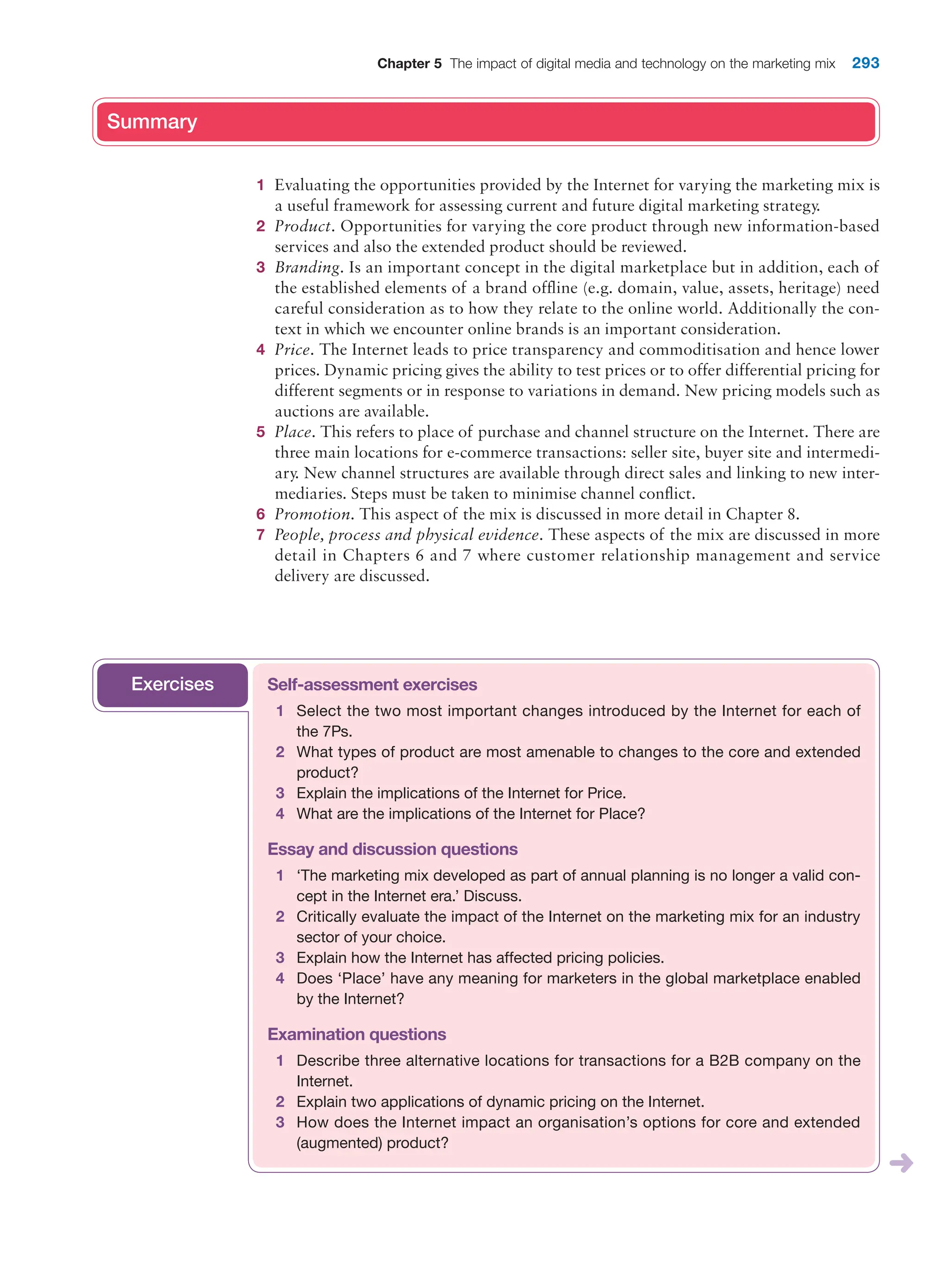 Chapter 5 The impact of digital media and technology on the marketing mix 293
Summary
1 Evaluating the opportunities provided by the Internet for varying the marketing mix is
a useful framework for assessing current and future digital marketing strategy.
2 Product. Opportunities for varying the core product through new information-based
services and also the extended product should be reviewed.
3 Branding. Is an important concept in the digital marketplace but in addition, each of
the established elements of a brand offline (e.g. domain, value, assets, heritage) need
careful consideration as to how they relate to the online world. Additionally the con-
text in which we encounter online brands is an important consideration.
4 Price. The Internet leads to price transparency and commoditisation and hence lower
prices. Dynamic pricing gives the ability to test prices or to offer differential pricing for
different segments or in response to variations in demand. New pricing models such as
auctions are available.
5 Place. This refers to place of purchase and channel structure on the Internet. There are
three main locations for e-commerce transactions: seller site, buyer site and intermedi-
ary. New channel structures are available through direct sales and linking to new inter-
mediaries. Steps must be taken to minimise channel conflict.
6 Promotion. This aspect of the mix is discussed in more detail in Chapter 8.
7 People, process and physical evidence. These aspects of the mix are discussed in more
detail in Chapters 6 and 7 where customer relationship management and service
delivery are discussed.
Summary
Self-assessment exercises
1 Select the two most important changes introduced by the Internet for each of
the 7Ps.
2 What types of product are most amenable to changes to the core and extended
product?
3 Explain the implications of the Internet for Price.
4 What are the implications of the Internet for Place?
Essay and discussion questions
1 ‘The marketing mix developed as part of annual planning is no longer a valid con-
cept in the Internet era.’ Discuss.
2 Critically evaluate the impact of the Internet on the marketing mix for an industry
sector of your choice.
3 Explain how the Internet has affected pricing policies.
4 Does ‘Place’ have any meaning for marketers in the global marketplace enabled
by the Internet?
Examination questions
1 Describe three alternative locations for transactions for a B2B company on the
Internet.
2 Explain two applications of dynamic pricing on the Internet.
3 How does the Internet impact an organisation’s options for core and extended
(augmented) product?
Exercises
 