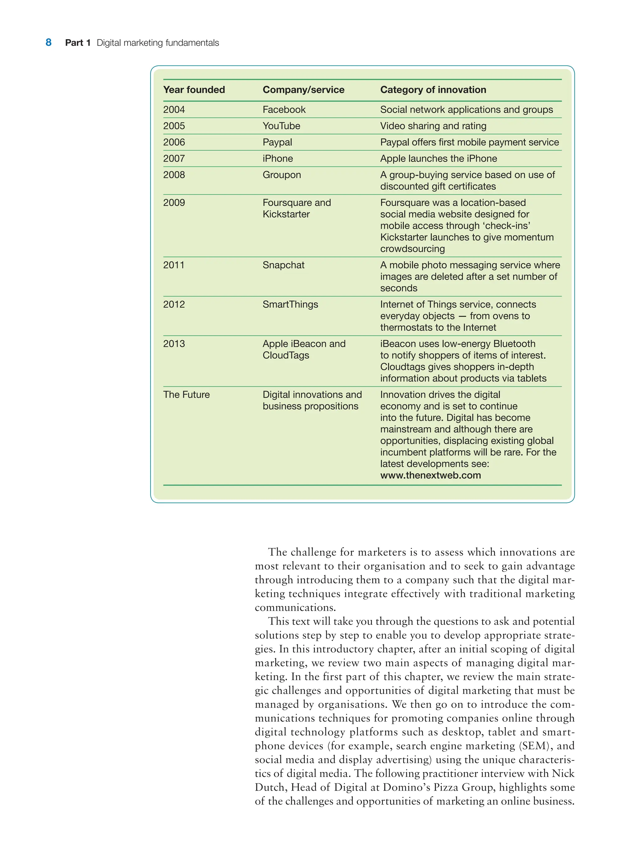 8 Part 1 Digital marketing fundamentals
Year founded Company/service Category of innovation
2004 Facebook Social network applications and groups
2005 YouTube Video sharing and rating
2006 Paypal Paypal offers first mobile payment service
2007 iPhone Apple launches the iPhone
2008 Groupon A group-buying service based on use of
discounted gift certificates
2009 Foursquare and
Kickstarter
Foursquare was a location-based
social media website designed for
mobile access through ‘check-ins’
Kickstarter launches to give momentum
crowdsourcing
2011 Snapchat A mobile photo messaging service where
images are deleted after a set number of
seconds
2012 SmartThings Internet of Things service, connects
everyday objects — from ovens to
thermostats to the Internet
2013 Apple iBeacon and
CloudTags
iBeacon uses low-energy Bluetooth
to notify shoppers of items of interest.
Cloudtags gives shoppers in-depth
information about products via tablets
The Future Digital innovations and
business propositions
Innovation drives the digital
economy and is set to continue
into the future. Digital has become
mainstream and although there are
opportunities, displacing existing global
incumbent platforms will be rare. For the
latest developments see:
www.thenextweb.com
The challenge for marketers is to assess which innovations are
most relevant to their organisation and to seek to gain advantage
through introducing them to a company such that the digital mar-
keting techniques integrate effectively with traditional marketing
communications.
This text will take you through the questions to ask and potential
solutions step by step to enable you to develop appropriate strate-
gies. In this introductory chapter, after an initial scoping of digital
marketing, we review two main aspects of managing digital mar-
keting. In the first part of this chapter, we review the main strate-
gic challenges and opportunities of digital marketing that must be
managed by organisations. We then go on to introduce the com-
munications techniques for promoting companies online through
digital technology platforms such as desktop, tablet and smart-
phone devices (for example, search engine marketing (SEM), and
social media and display advertising) using the unique characteris-
tics of digital media. The following practitioner interview with Nick
Dutch, Head of Digital at Domino’s Pizza Group, highlights some
of the challenges and opportunities of marketing an online business.
 