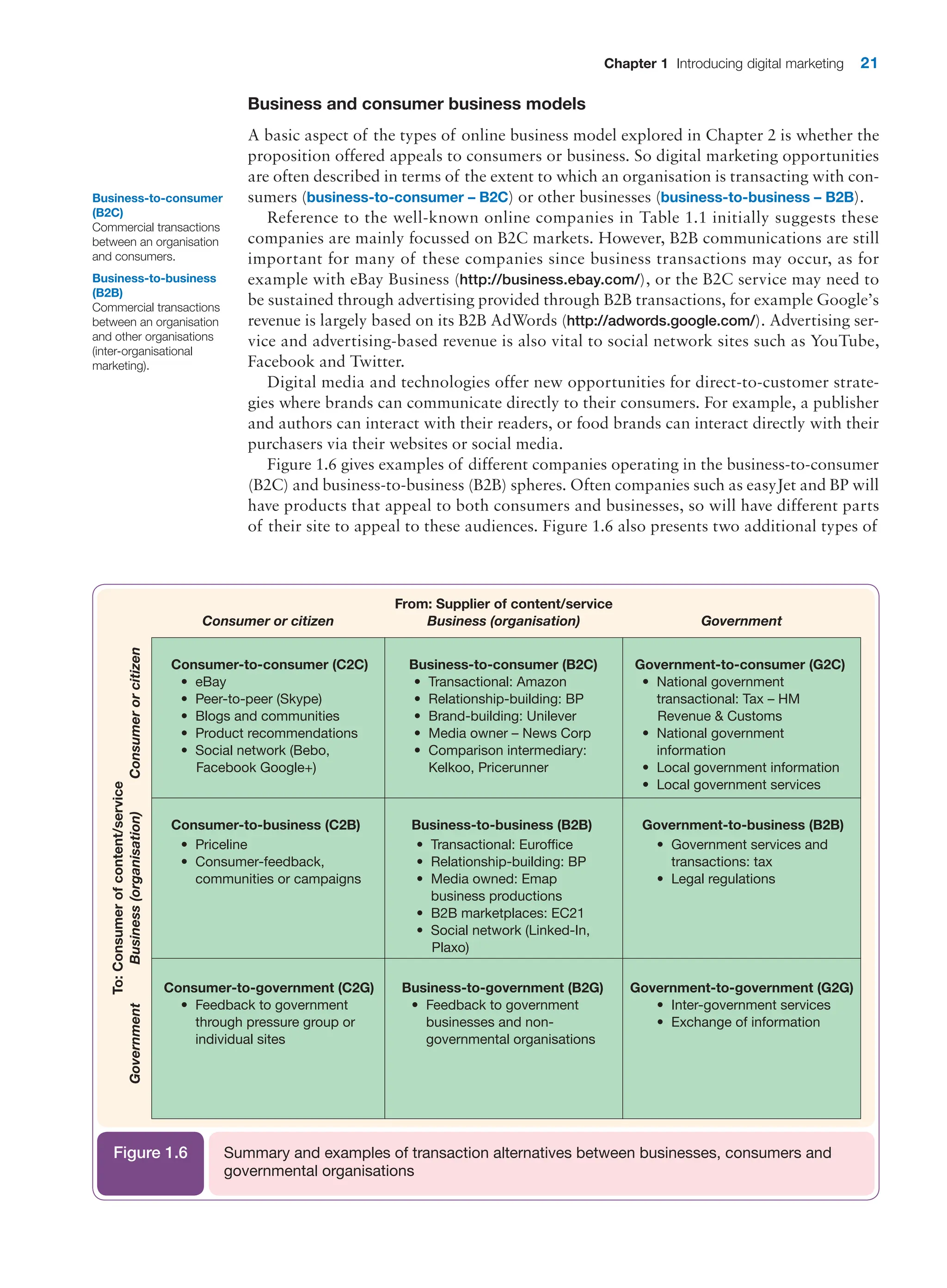 Chapter 1 Introducing digital marketing 21
Business and consumer business models
A basic aspect of the types of online business model explored in Chapter 2 is whether the
proposition offered appeals to consumers or business. So digital marketing opportunities
are often described in terms of the extent to which an organisation is transacting with con-
sumers (business-to-consumer – B2C) or other businesses (business-to-business – B2B).
Reference to the well-known online companies in Table 1.1 initially suggests these
companies are mainly focussed on B2C markets. However, B2B communications are still
important for many of these companies since business transactions may occur, as for
­
example with eBay Business (http://business.ebay.com/), or the B2C service may need to
be sustained through advertising provided through B2B transactions, for example Google’s
revenue is largely based on its B2B AdWords (http://adwords.google.com/). Advertising ser-
vice and advertising-based revenue is also vital to social network sites such as YouTube,
Facebook and Twitter.
Digital media and technologies offer new opportunities for direct-to-customer strate-
gies where brands can communicate directly to their consumers. For example, a publisher
and authors can interact with their readers, or food brands can interact directly with their
purchasers via their websites or social media.
Figure 1.6 gives examples of different companies operating in the business-to-consumer
(B2C) and business-to-business (B2B) spheres. Often companies such as easyJet and BP will
have products that appeal to both consumers and businesses, so will have different parts
of their site to appeal to these audiences. Figure 1.6 also presents two additional types of
Business-to-consumer
(B2C)
Commercial transactions
between an organisation
and consumers.
Business-to-business
(B2B)
Commercial transactions
between an organisation
and other organisations
(inter-organisational
marketing).
• Transactional: Amazon
• Relationship-building: BP
• Brand-building: Unilever
• Media owner – News Corp
• Comparison intermediary:
Kelkoo, Pricerunner
From: Supplier of content/service
Business (organisation)
To:
Consumer
of
content/service
Business
(organisation)
Consumer
or
citizen
Government
Government
Consumer or citizen
• Transactional: Euroffice
• Relationship-building: BP
• Media owned: Emap
business productions
• B2B marketplaces: EC21
• Social network (Linked-In,
Plaxo)
• Feedback to government
businesses and non-
governmental organisations
• eBay
• Peer-to-peer (Skype)
• Blogs and communities
• Product recommendations
• Social network (Bebo,
Facebook Google+)
• Priceline
• Consumer-feedback,
communities or campaigns
• Feedback to government
through pressure group or
individual sites
• National government
transactional: Tax – HM
Revenue  Customs
• National government
information
• Local government information
• Local government services
• Government services and
transactions: tax
• Legal regulations
• Inter-government services
• Exchange of information
Consumer-to-consumer (C2C) Business-to-consumer (B2C) Government-to-consumer (G2C)
Consumer-to-business (C2B) Business-to-business (B2B) Government-to-business (B2B)
Consumer-to-government (C2G) Business-to-government (B2G) Government-to-government (G2G)
Summary and examples of transaction alternatives between businesses, consumers and
governmental organisations
Figure 1.6
 