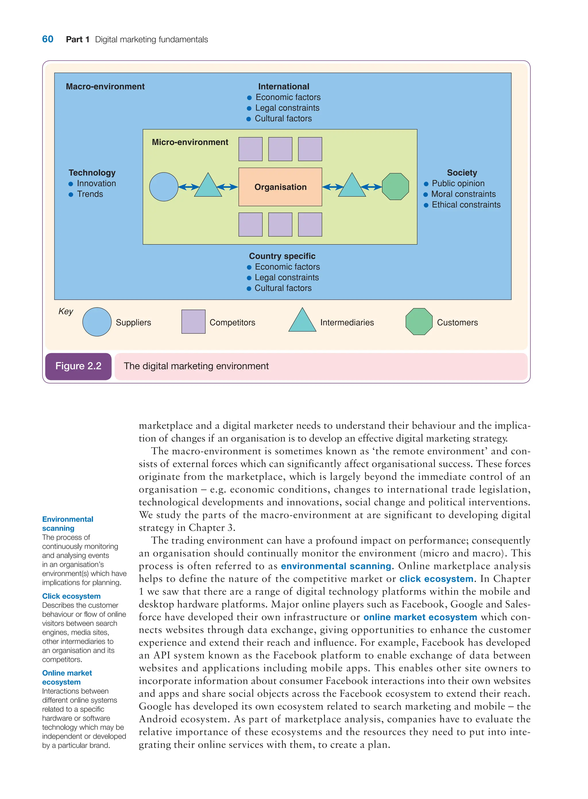 60 Part 1 Digital marketing fundamentals
marketplace and a digital marketer needs to understand their behaviour and the implica-
tion of changes if an organisation is to develop an effective digital marketing strategy.
The macro-environment is sometimes known as ‘the remote environment’ and con-
sists of external forces which can significantly affect organisational success. These forces
originate from the marketplace, which is largely beyond the immediate control of an
organisation – e.g. economic conditions, changes to international trade legislation,
technological developments and innovations, social change and political interventions.
We study the parts of the macro-environment at are significant to developing digital
­
strategy in Chapter 3.
The trading environment can have a profound impact on performance; consequently
an organisation should continually monitor the environment (micro and macro). This
process is often referred to as environmental scanning. Online marketplace analysis
helps to define the nature of the competitive market or click ecosystem. In Chapter
1 we saw that there are a range of digital technology platforms within the mobile and
desktop hardware platforms. Major online players such as Facebook, Google and Sales-
force have developed their own infrastructure or online market ecosystem which con-
nects websites through data exchange, giving opportunities to enhance the customer
experience and extend their reach and influence. For example, Facebook has developed
an API system known as the Facebook platform to enable exchange of data between
websites and applications including mobile apps. This enables other site owners to
incorporate information about consumer Facebook interactions into their own websites
and apps and share social objects across the Facebook ecosystem to extend their reach.
Google has developed its own ecosystem related to search marketing and mobile – the
Android ecosystem. As part of marketplace analysis, companies have to evaluate the
relative importance of these ecosystems and the resources they need to put into inte-
grating their online services with them, to create a plan.
The digital marketing environment
Figure 2.2
Environmental
scanning
The process of
continuously monitoring
and analysing events
in an organisation’s
environment(s) which have
implications for planning.
Click ecosystem
Describes the customer
behaviour or flow of online
visitors between search
engines, media sites,
other intermediaries to
an organisation and its
competitors.
Online market
ecosystem
Interactions between
different online systems
related to a specific
hardware or software
technology which may be
independent or developed
by a particular brand.
 
