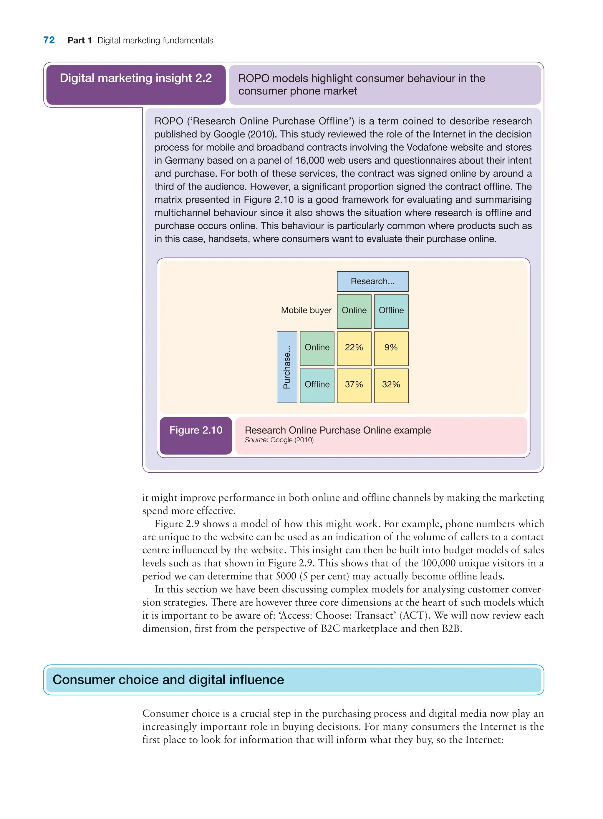 72 Part 1 Digital marketing fundamentals
it might improve performance in both online and offline channels by making the marketing
spend more effective.
Figure 2.9 shows a model of how this might work. For example, phone numbers which
are unique to the website can be used as an indication of the volume of callers to a contact
centre influenced by the website. This insight can then be built into budget models of sales
levels such as that shown in Figure 2.9. This shows that of the 100,000 unique visitors in a
period we can determine that 5000 (5 per cent) may actually become offline leads.
In this section we have been discussing complex models for analysing customer conver-
sion strategies. There are however three core dimensions at the heart of such models which
it is important to be aware of: ‘Access: Choose: Transact’ (ACT). We will now review each
dimension, first from the perspective of B2C marketplace and then B2B.
Consumer choice and digital influence
Consumer choice is a crucial step in the purchasing process and digital media now play an
increasingly important role in buying decisions. For many consumers the Internet is the
first place to look for information that will inform what they buy, so the Internet:
Consumer choice and digital influence
ROPO (‘Research Online Purchase Offline’) is a term coined to describe research
published by Google (2010). This study reviewed the role of the Internet in the decision
process for mobile and broadband contracts involving the Vodafone website and stores
in Germany based on a panel of 16,000 web users and questionnaires about their intent
and purchase. For both of these services, the contract was signed online by around a
third of the audience. However, a significant proportion signed the contract offline. The
matrix presented in Figure 2.10 is a good framework for evaluating and summarising
multichannel behaviour since it also shows the situation where research is offline and
purchase occurs online. This behaviour is particularly common where products such as
in this case, handsets, where consumers want to evaluate their purchase online.
ROPO models highlight consumer behaviour in the
consumer phone market
Digital marketing insight 2.2
Offline
9%
Online
Online
Mobile buyer
Research...
Purchase...
22%
32%
Offline 37%
Research Online Purchase Online example
Source: Google (2010)
Figure 2.10
 