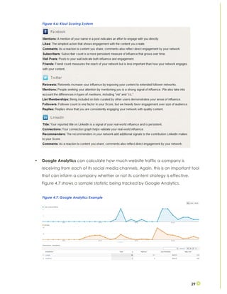 29
• Google Analytics can calculate how much website traffic a company is
receiving from each of its social media channels. Again, this is an important tool
that can inform a company whether or not its content strategy is effective.
Figure 4.7 shows a sample statistic being tracked by Google Analytics.
Figure 4.6: Klout Scoring System
Figure 4.7: Google Analytics Example
 