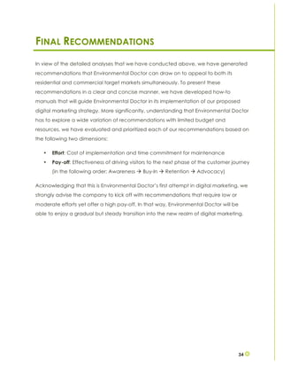 34
FINAL RECOMMENDATIONS
In view of the detailed analyses that we have conducted above, we have generated
recommendations that Environmental Doctor can draw on to appeal to both its
residential and commercial target markets simultaneously. To present these
recommendations in a clear and concise manner, we have developed how-to
manuals that will guide Environmental Doctor in its implementation of our proposed
digital marketing strategy. More significantly, understanding that Environmental Doctor
has to explore a wide variation of recommendations with limited budget and
resources, we have evaluated and prioritized each of our recommendations based on
the following two dimensions:
• Effort: Cost of implementation and time commitment for maintenance
• Pay-off: Effectiveness of driving visitors to the next phase of the customer journey
(in the following order: Awareness à Buy-In à Retention à Advocacy)
Acknowledging that this is Environmental Doctor’s first attempt in digital marketing, we
strongly advise the company to kick off with recommendations that require low or
moderate efforts yet offer a high pay-off. In that way, Environmental Doctor will be
able to enjoy a gradual but steady transition into the new realm of digital marketing.
 