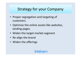 Strategy for your CompanyStrategy for your Company
• Proper segregation and targeting of
customers.
• Optimize the online assets like websites,
landing pages.landing pages.
• Widen the target market segment
• Re-align the brand
• Widen the offerings
 