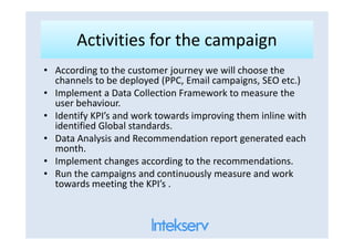 Activities for the campaignActivities for the campaign
• According to the customer journey we will choose the
channels to be deployed (PPC, Email campaigns, SEO etc.)
• Implement a Data Collection Framework to measure the
user behaviour.
• Identify KPI’s and work towards improving them inline with
identified Global standards.identified Global standards.
• Data Analysis and Recommendation report generated each
month.
• Implement changes according to the recommendations.
• Run the campaigns and continuously measure and work
towards meeting the KPI’s .
 