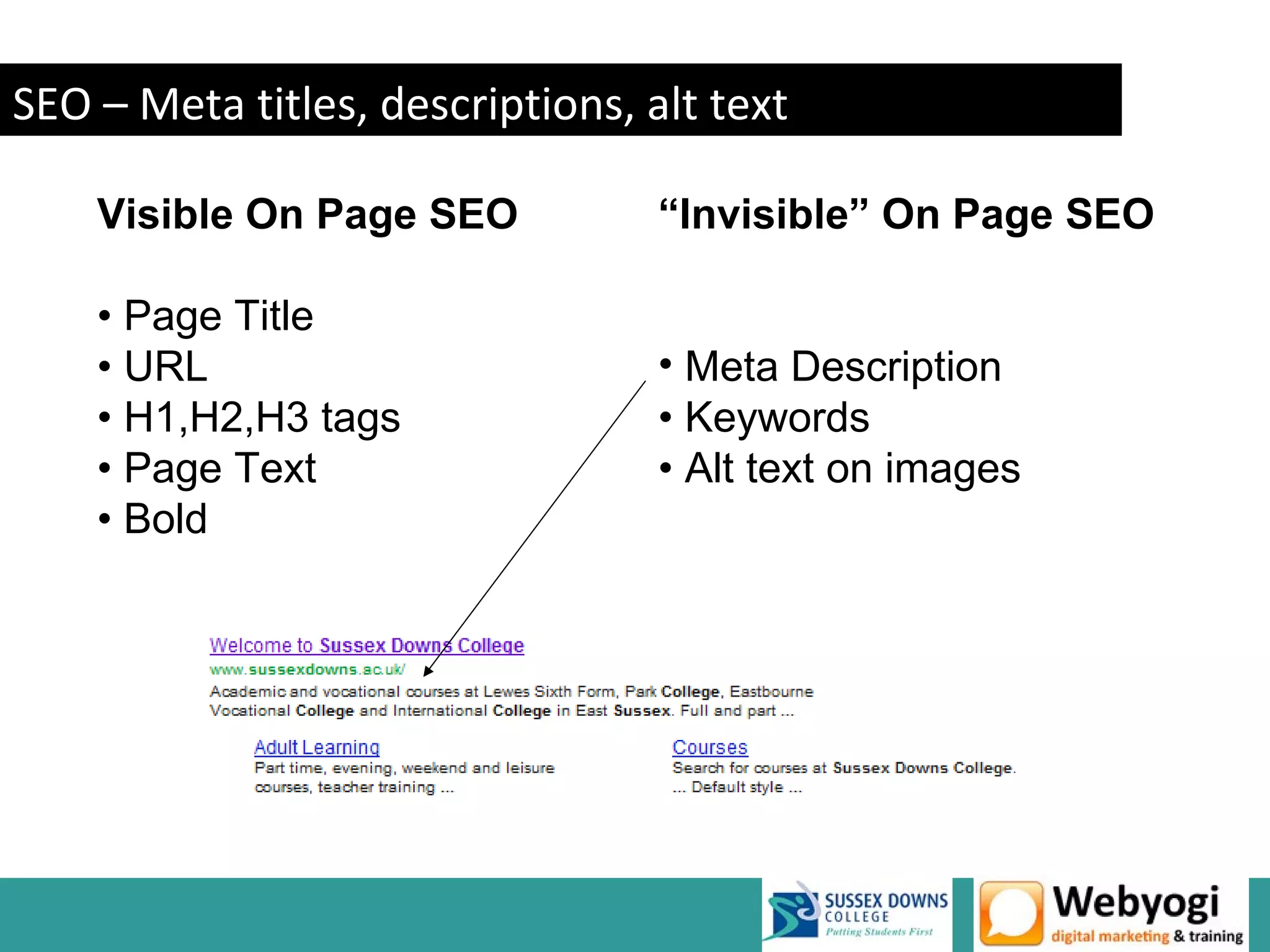 SEO – Meta titles, descriptions, alt text

    Visible On Page SEO           “Invisible” On Page SEO

    • Page Title
    • URL                         • Meta Description
    • H1,H2,H3 tags               • Keywords
    • Page Text                   • Alt text on images
    • Bold




                                                   www.webyogi.co.uk
 