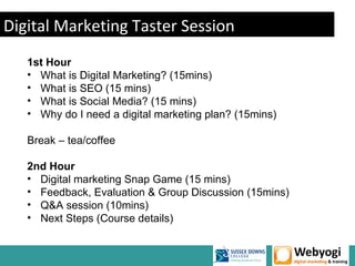Digital Marketing Taster Session
   1st Hour
   • What is Digital Marketing? (15mins)
   • What is SEO (15 mins)
   • What is Social Media? (15 mins)
   • Why do I need a digital marketing plan? (15mins)

   Break – tea/coffee

   2nd Hour
   • Digital marketing Snap Game (15 mins)
   • Feedback, Evaluation & Group Discussion (15mins)
   • Q&A session (10mins)
   • Next Steps (Course details)
 
