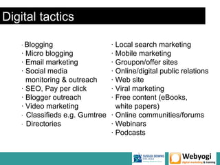 Digital tactics

    · Blogging                 · Local search marketing
    · Micro blogging           · Mobile marketing
    · Email marketing          · Groupon/offer sites
    · Social media             · Online/digital public relations
      monitoring & outreach    · Web site
    · SEO, Pay per click       · Viral marketing
    · Blogger outreach         · Free content (eBooks,
    · Video marketing            white papers)
    · Classifieds e.g. Gumtree · Online communities/forums
    · Directories              · Webinars
                               · Podcasts
 