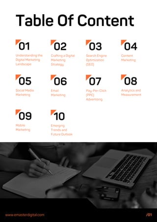 01
05
09
02 03 04
06
10
07 08
Understanding the
Digital Marketing
Landscape
Social Media
Marketing
Mobile
Marketing
Crafting a Digital
Marketing
Strategy
Search Engine
Optimization
(SEO)
Content
Marketing
Email
Marketing
Emerging
Trends and
Future Outlook
Pay-Per-Click
(PPC)
Advertising
Analytics and
Measurement
Table Of Content
www.emasterdigital.com /01
 