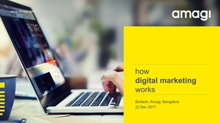 how
digital marketing
works
Bimlesh. Amagi, Bangalore
22 Dec 2017
 