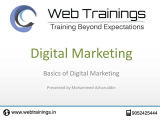 Digital Marketing
Basics of Digital Marketing
Presented by Mohammed Azharuddin
 
