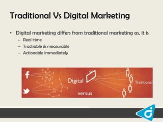 Traditional Vs Digital Marketing
• Digital marketing differs from traditional marketing as, it is
– Real-time
– Trackable & measurable
– Actionable immediately

 