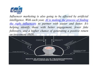 Influencer marketing is also going to be affected by artificial
intelligence. With each year, AI is making the process of finding
the right influencers to partner with easier and faster. It’s
helping identify those with better engagement, fewer fake
followers, and a higher chance of generating a positive return
on investment (ROI).
 
