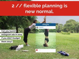 10
2 // flexible planning is
new normal.
Can you launch
Instagram ads in 2015
if you didn’t budget
them 2014?
 
