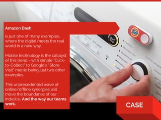 21
CASE
Amazon Dash
is just one of many examples,
where the digital meets the real
world in a new way.
Mobile technology i...