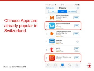 13
iTunes App Store, October 2016
Chinese Apps are
already popular in
Switzerland.
 