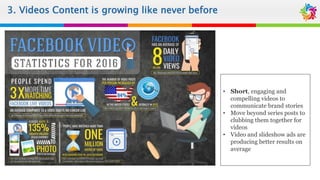 3. Videos Content is growing like never before
• Short, engaging and
compelling videos to
communicate brand stories
• Move beyond series posts to
clubbing them together for
videos
• Video and slideshow ads are
producing better results on
average
 