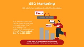 SEO Marketing
SEO calls for fast, credible, and mobile-friendly websites.
This was demonstrated
by the emergent factors:
c...