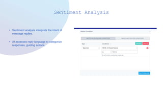 Sentiment Analysis
• Sentiment analysis interprets the intent of
message replies.
• AI assesses reply language to categorize
responses, guiding actions.
 