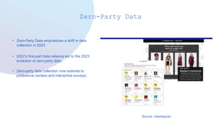 Zero-Party Data
• Zero-Party Data emphasizes a shift in data
collection in 2023.
• 2022’s first-part data reliance led to the 2023
evolution of zero-party data.
• Zero-party data collection now extends to
preference centers and interactive surveys.
Source: xtremepush
 