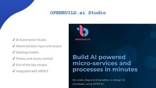 OPENBUILD.ai Studio
✔ AI Automation Studio
✔ Advanced data input and output
✔ Stacking models
✔ Privacy and access control
✔ Out of the box recipes
✔ Integrated with VBOUT
 