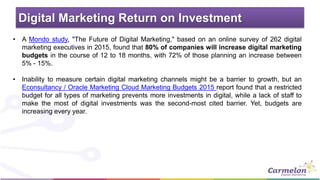 Digital Marketing Return on Investment
• A Mondo study, "The Future of Digital Marketing," based on an online survey of 26...