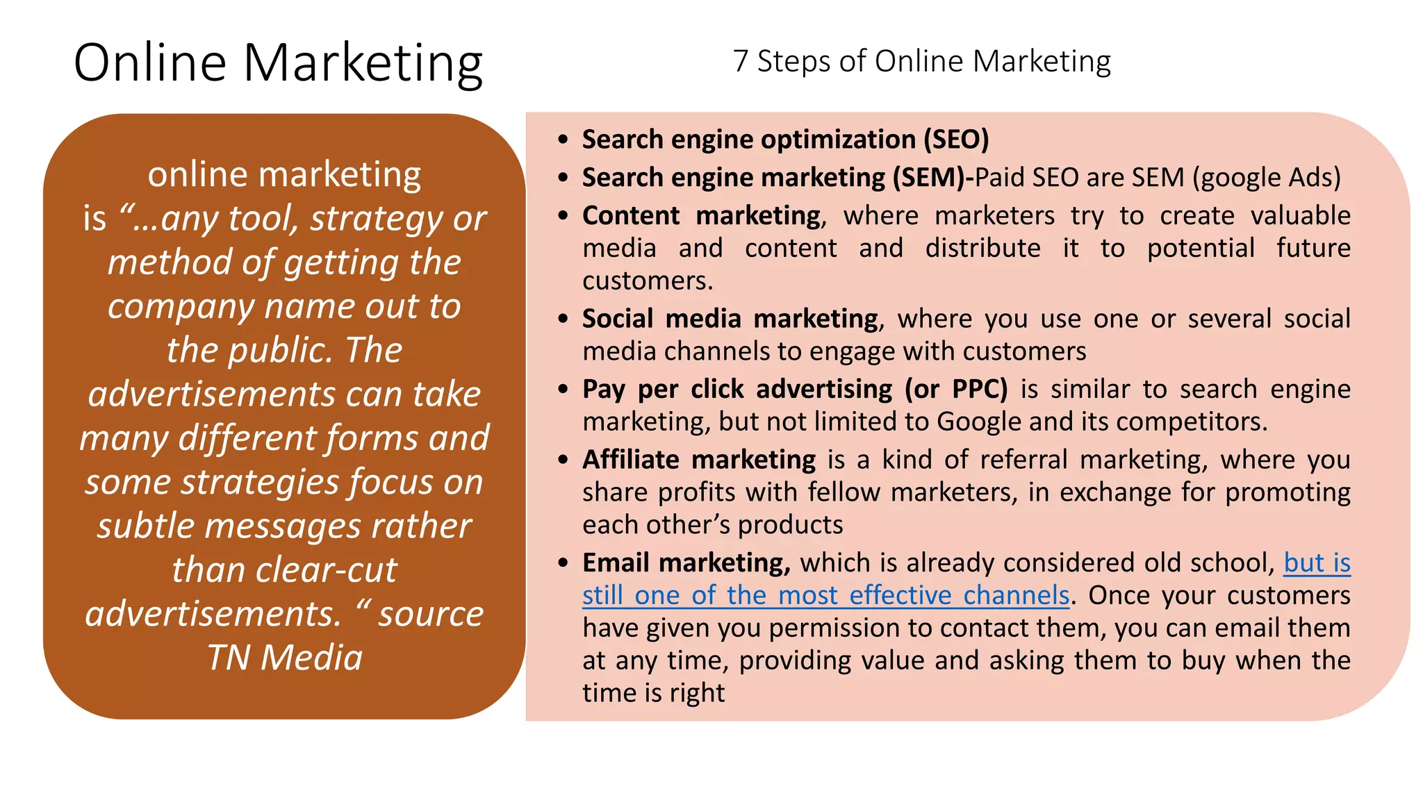 Online Marketing
• Search engine optimization (SEO)
• Search engine marketing (SEM)-Paid SEO are SEM (google Ads)
• Content marketing, where marketers try to create valuable
media and content and distribute it to potential future
customers.
• Social media marketing, where you use one or several social
media channels to engage with customers
• Pay per click advertising (or PPC) is similar to search engine
marketing, but not limited to Google and its competitors.
• Affiliate marketing is a kind of referral marketing, where you
share profits with fellow marketers, in exchange for promoting
each other’s products
• Email marketing, which is already considered old school, but is
still one of the most effective channels. Once your customers
have given you permission to contact them, you can email them
at any time, providing value and asking them to buy when the
time is right
online marketing
is “…any tool, strategy or
method of getting the
company name out to
the public. The
advertisements can take
many different forms and
some strategies focus on
subtle messages rather
than clear-cut
advertisements. “ source
TN Media
7 Steps of Online Marketing
 