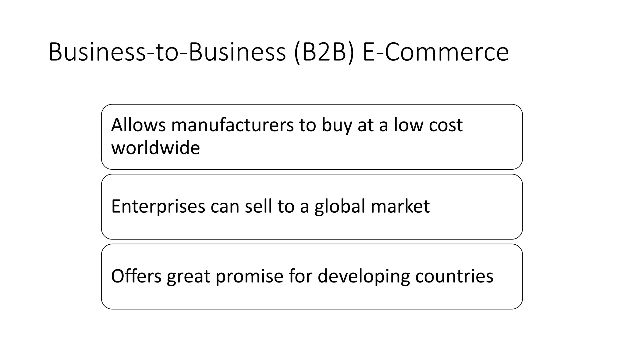 Business-to-Business (B2B) E-Commerce
Allows manufacturers to buy at a low cost
worldwide
Enterprises can sell to a global market
Offers great promise for developing countries
 