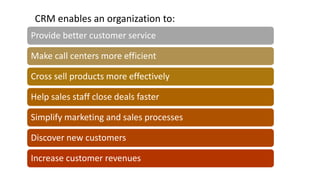 Provide better customer service
Make call centers more efficient
Cross sell products more effectively
Help sales staff close deals faster
Simplify marketing and sales processes
Discover new customers
Increase customer revenues
CRM enables an organization to:
 