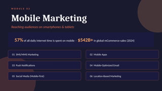 M O D U L E 0 2
Mobile Marketing
Reaching audiences on smartphones & tablets
57%of all daily internet time is spent on mobile · $542B+in global mCommerce sales (2024)
01 SMS/MMS Marketing 02 Mobile Apps
03 Push Notifications 04 Mobile-Optimized Email
05 Social Media (Mobile-First) 06 Location-Based Marketing
 