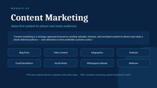 M O D U L E 0 3
Content Marketing
Value-first content to attract and retain audiences
"Content marketing is a strategic approach focused on creating valuable, relevant, and consistent content to attract and retain a
clearly defined audience — and ultimately to drive profitable customer action."
Blog Posts Video Content Infographics Podcasts
Email Newsletters Social Media Whitepapers/eBooks Webinars
97% more website links for companies with active blogs · 90%+ marketers increasing content investment in 2025
 