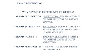 WHY BUY ME IN PREFERENCE TO OTHERS?
•BRAND PROPOSITION :FUNCTIONAL REASONS TO BUY
VS OTHERS (WHAT DO YOU DO
BETTER)
•BRAND ATTRIBUTES RATIONAL REASONS TO BUY VS
OTHERS (REASONS TO BELIEVE/
SUBSTANTIATORS)
•BRAND VALUES : EMOTIONAL REASONS TO BUY
VS OTHERS (INNER & OUTER
DIRECTED)
•BRAND PERSONALITY THE WAY THE BRAND SPEAKS
AND BEHAVES
BRAND POSITIONING
 