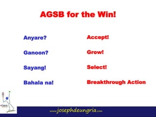 www.josephdeungria.com
AGSB for the Win!
Anyare?
Ganoon?
Sayang!
Bahala na!
Accept!
Grow!
Select!
Breakthrough Action
 
