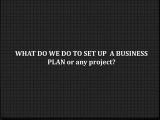 WHAT DO WE DO TO SET UP A BUSINESS
       PLAN or any project?
 