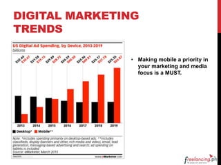DIGITAL MARKETING
TRENDS
• Making mobile a priority in
your marketing and media
focus is a MUST.
 
