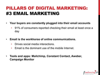 PILLARS OF DIGITAL MARKETING:
#3 EMAIL MARKETING
• Your buyers are constantly plugged into their email accounts
• 91% of consumers reported checking their email at least once a
day
• Email is the workhorse of online communications.
• Drives social media interactions.
• Email is the dominant use of the mobile Internet.
• Tools and apps: Mailchimp, Constant Contact, Aweber,
Campaign Monitor
 