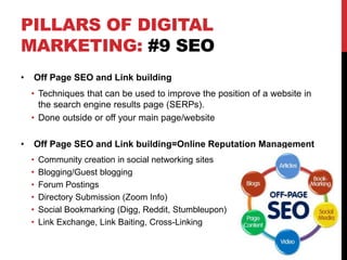 PILLARS OF DIGITAL
MARKETING: #9 SEO
• Off Page SEO and Link building
• Techniques that can be used to improve the position of a website in
the search engine results page (SERPs).
• Done outside or off your main page/website
• Off Page SEO and Link building=Online Reputation Management
• Community creation in social networking sites
• Blogging/Guest blogging
• Forum Postings
• Directory Submission (Zoom Info)
• Social Bookmarking (Digg, Reddit, Stumbleupon)
• Link Exchange, Link Baiting, Cross-Linking
 