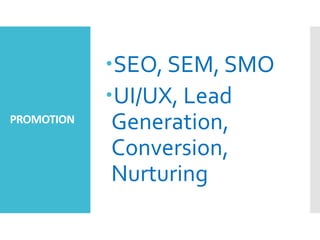 PROMOTION
SEO, SEM, SMO
UI/UX, Lead
Generation,
Conversion,
Nurturing
 