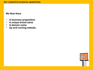 KEY CONCEPTS IN DIGITAL MARKETING We Now Have A business proposition A unique brand name A domain name  Up and running website.  