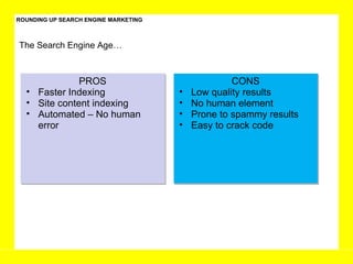 ROUNDING UP SEARCH ENGINE MARKETING The Search Engine Age… PROS Faster Indexing Site content indexing Automated – No human error  CONS Low quality results No human element Prone to spammy results Easy to crack code 