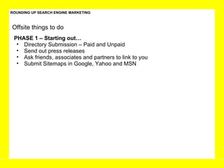 ROUNDING UP SEARCH ENGINE MARKETING PHASE 1 – Starting out… Directory Submission – Paid and Unpaid Send out press releases  Ask friends, associates and partners to link to you Submit Sitemaps in Google, Yahoo and MSN Offsite things to do  