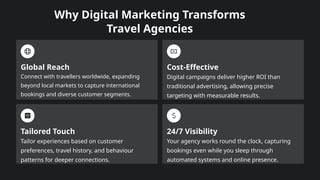 Why Digital Marketing Transforms
Travel Agencies
Global Reach
Connect with travellers worldwide, expanding
beyond local ma...