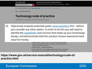 GDSEuropean Commission
https://www.gov.uk/service-manual/technology/code-of-
practice.html
 