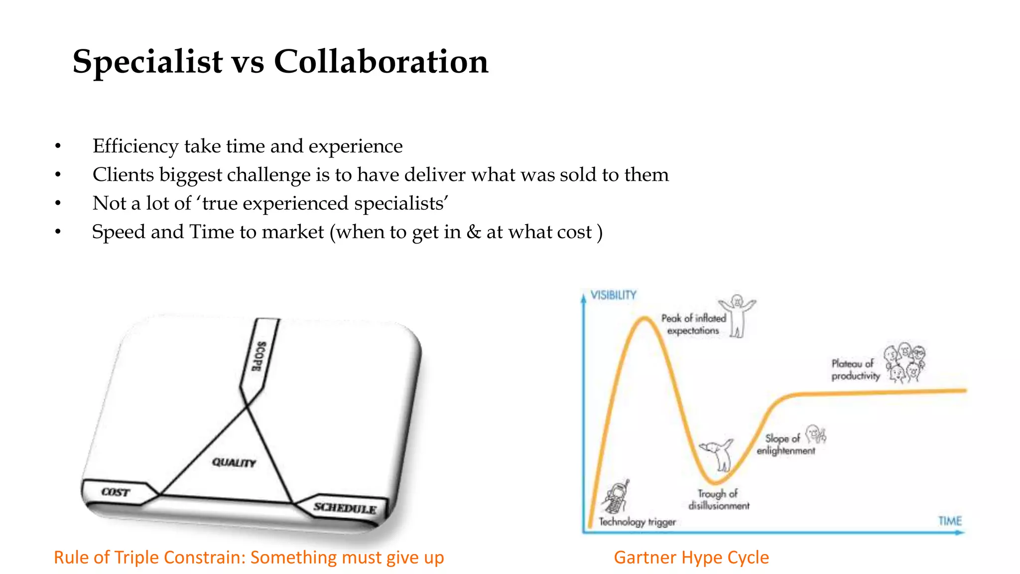 Specialist vs Collaboration
• Efficiency take time and experience
• Clients biggest challenge is to have deliver what was sold to them
• Not a lot of ‘true experienced specialists’
• Speed and Time to market (when to get in & at what cost )
Rule of Triple Constrain: Something must give up Gartner Hype Cycle
 