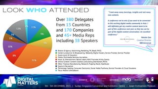 Over 380 Delegates
from 15 Countries
and 170 Companies
and 45+ Media Reps
including 38 Speakers
LOOK WHO ATTENDED “I took away many learnings, insights and met many
new contacts.
A conference not to miss if you want to be connected
to this exciting digital media community in Asia. I
will definitely get my creative content team to be
part of this conference next year so they too can be
part of the digital content conversation. An excellent
conference.”
Natalie Gee
Creative Director
NBCUniversal
 
