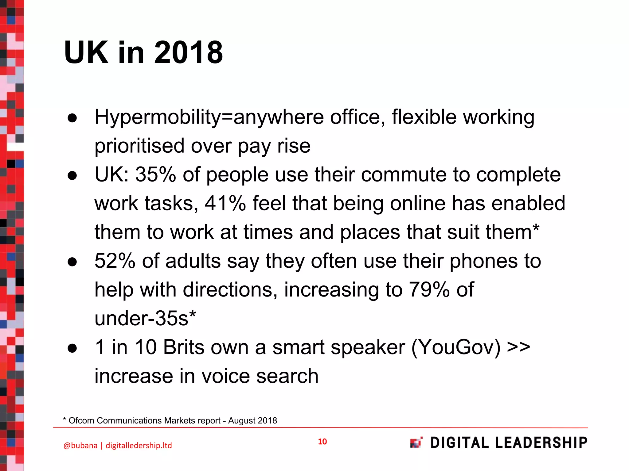 ● Hypermobility=anywhere office, flexible working
prioritised over pay rise
● UK: 35% of people use their commute to complete
work tasks, 41% feel that being online has enabled
them to work at times and places that suit them*
● 52% of adults say they often use their phones to
help with directions, increasing to 79% of
under-35s*
● 1 in 10 Brits own a smart speaker (YouGov) >>
increase in voice search
* Ofcom Communications Markets report - August 2018
UK in 2018
 