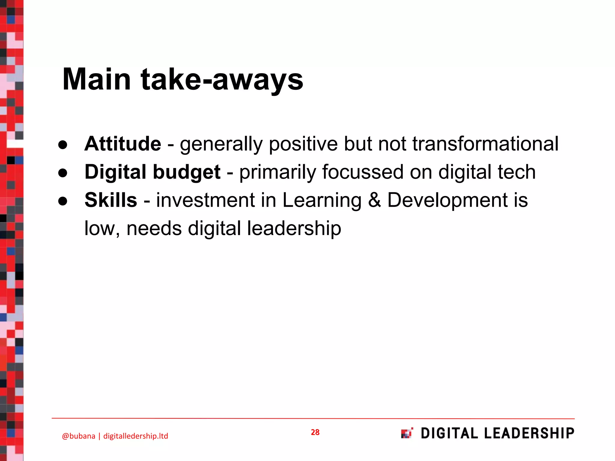 Main take-aways
● Attitude - generally positive but not transformational
● Digital budget - primarily focussed on digital tech
● Skills - investment in Learning & Development is
low, needs digital leadership
 