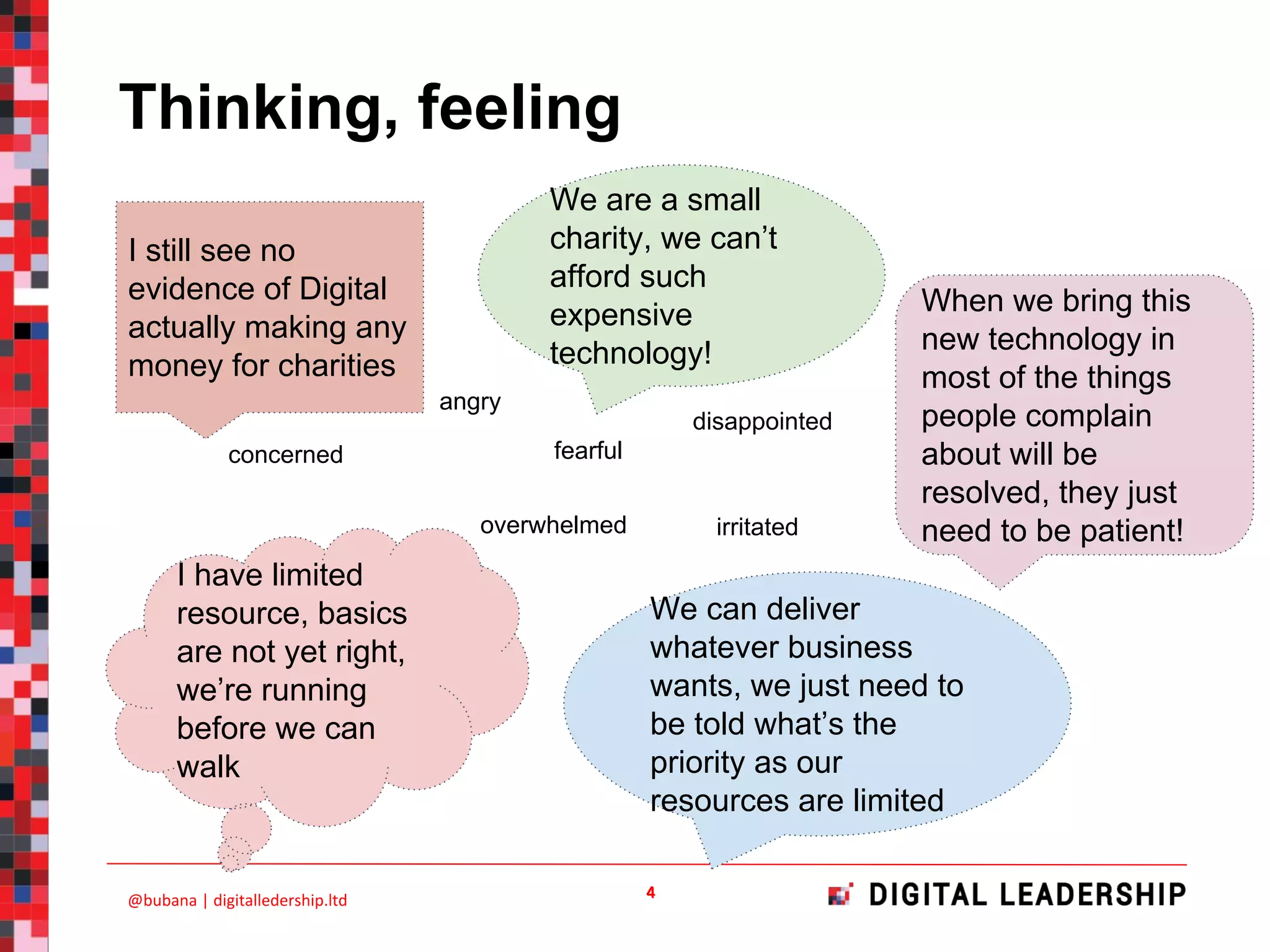 Thinking, feeling
I still see no
evidence of Digital
actually making any
money for charities
We are a small
charity, we can’t
afford such
expensive
technology!
I have limited
resource, basics
are not yet right,
we’re running
before we can
walk
When we bring this
new technology in
most of the things
people complain
about will be
resolved, they just
need to be patient!
We can deliver
whatever business
wants, we just need to
be told what’s the
priority as our
resources are limited
concerned fearful
overwhelmed
angry
irritated
disappointed
 
