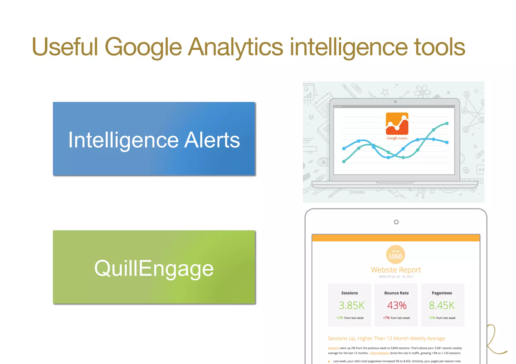 Useful Google Analytics intelligence tools
Intelligence Alerts
QuillEngage
 